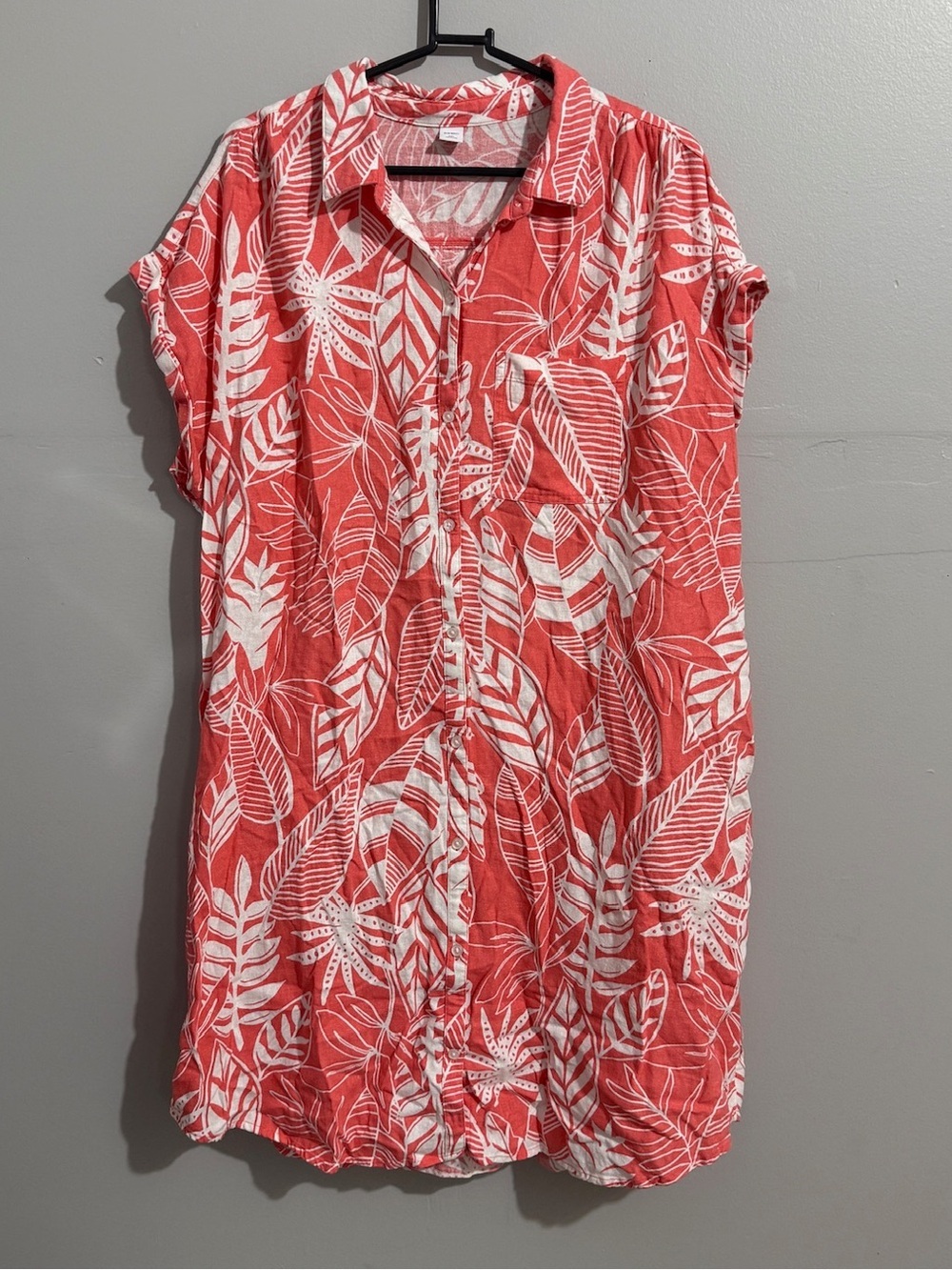 Old Navy Dress Womens XXL Shift Shirt Button Front Linen Pink Palm Leaf tropical